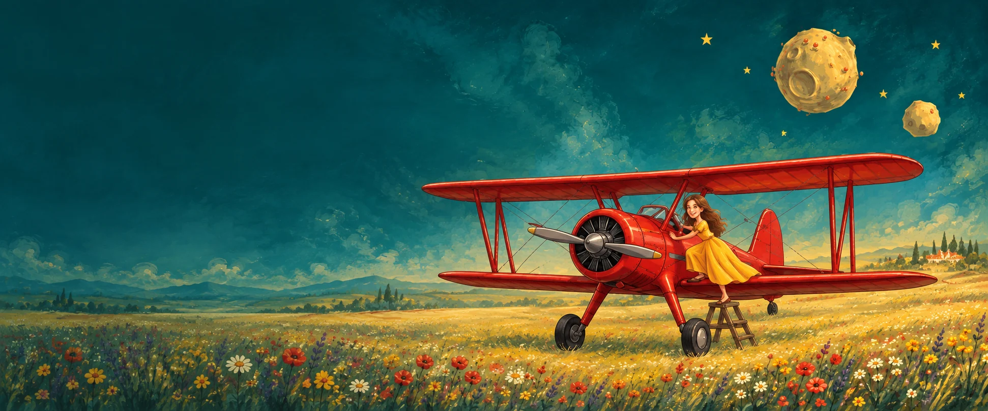 Una joven junto a una avioneta roja entre planetas y estrellas, ilustración de Pulso Docente